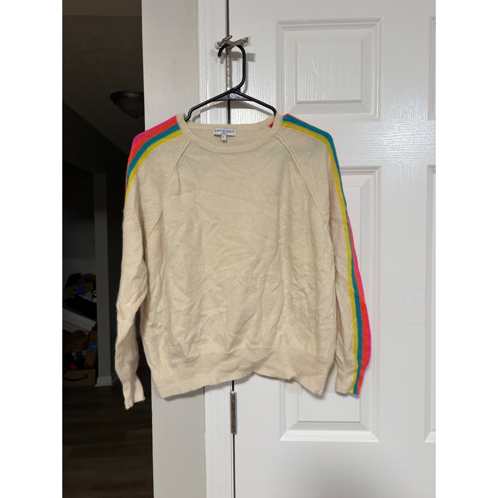Scott & Scott London Cashmere Rainbow Stripe Sleeve Sweater Cream Large